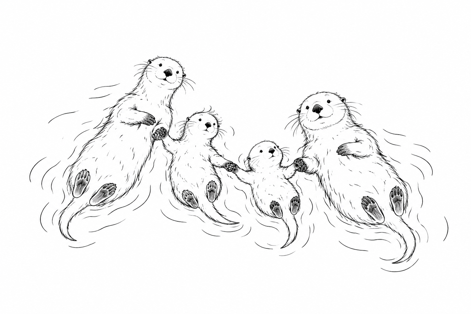 A family of four otters floating together, drawn in fine black ink.