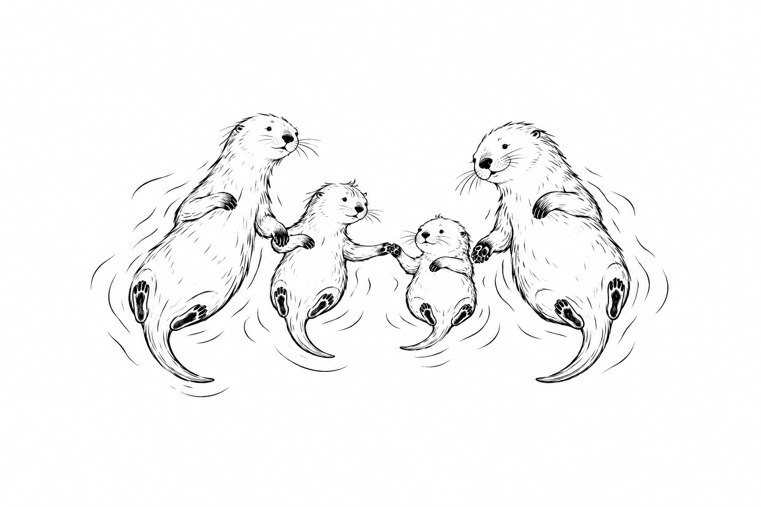 Two otter parents and their two children reaching for each other’s paws, drawn in black ink.